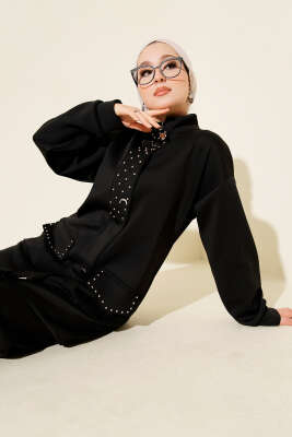 Pazarium - Boncuk Detaylı Scuba İkili Takım Siyah