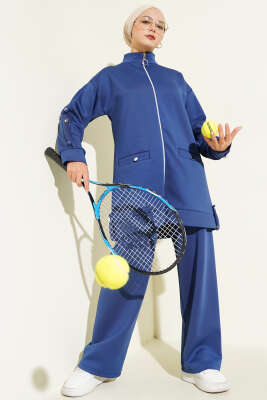 Pazarium - Metal Düğmeli Fermuarlı Scuba İkili Takım Lacivert