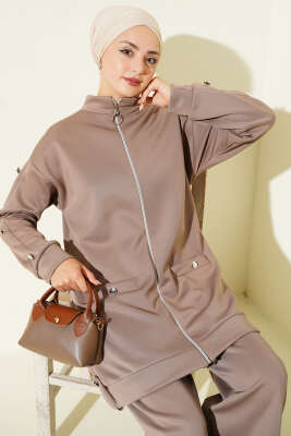 Pazarium - Metal Düğmeli Fermuarlı Scuba İkili Takım Vizon