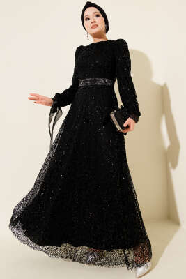 Pazarium - Pırıltı Pullu Abiye Elbise Siyah