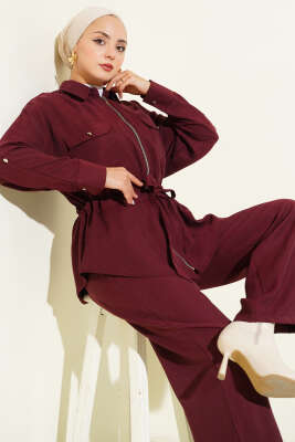 Bel Tünelli Çift Cepli İkili Takım Bordo - Thumbnail