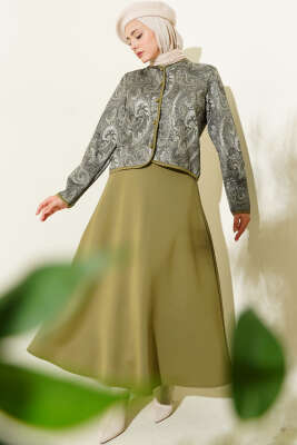 Pazarium - Etnik Desenli Scuba Etekli İkili Takım Haki