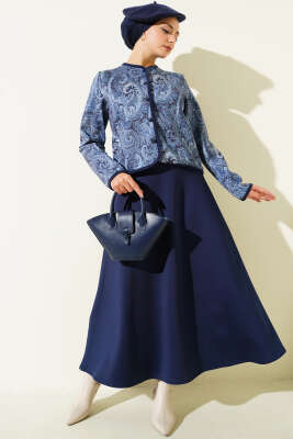 Pazarium - Etnik Desenli Scuba Etekli İkili Takım Lacivert