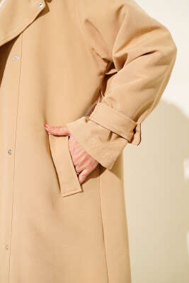 Çıtçıt Düğmeli Deri Detaylı Trençkot Latte - Thumbnail