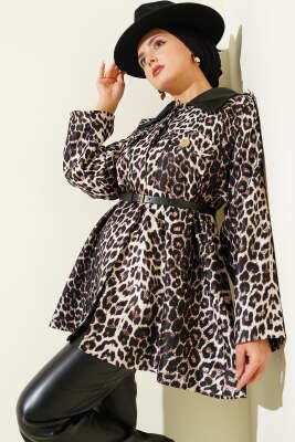 Deri Yaka Garnili Leopar Desenli Ceket Bej - Thumbnail