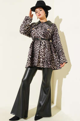 Deri Yaka Garnili Leopar Desenli Ceket Bej - Thumbnail