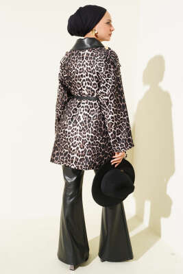 Deri Yaka Garnili Leopar Desenli Ceket Bej - Thumbnail