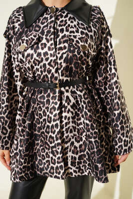 Deri Yaka Garnili Leopar Desenli Ceket Bej - Thumbnail