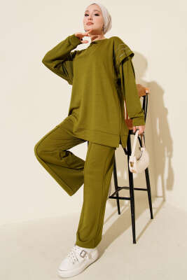 Pazarium - Sıra Taş Detaylı Loyşa İkili Takım Yağ Yeşili