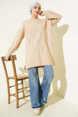 Pazarium - Bisiklet Yaka Yumoş Yan Yırtmaçlı Triko Tunik Latte