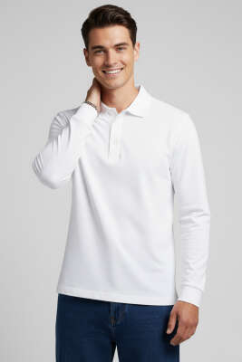 Basic Polo Yaka Uzun Kollu Sweatshirt Beyaz - Thumbnail