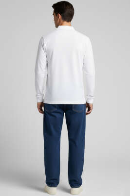 Basic Polo Yaka Uzun Kollu Sweatshirt Beyaz - Thumbnail