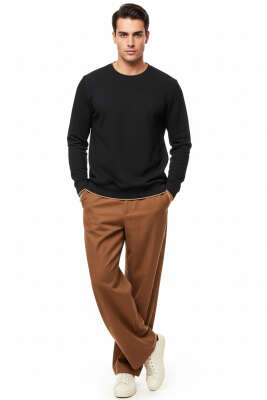 Waffle Nakışlı Triko Sweatshirt Siyah - Thumbnail