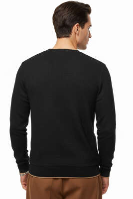 Waffle Nakışlı Triko Sweatshirt Siyah - Thumbnail