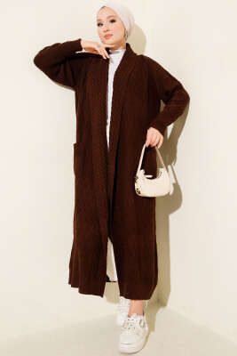 Pazarium - Şal Yaka Örgü Kabartmalı Triko Hırka Kahve