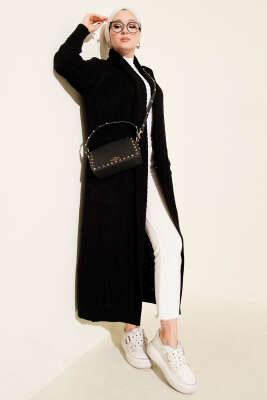 Pazarium - Şal Yaka Örgü Kabartmalı Triko Hırka Siyah