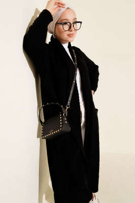 Şal Yaka Örgü Kabartmalı Triko Hırka Siyah - Thumbnail