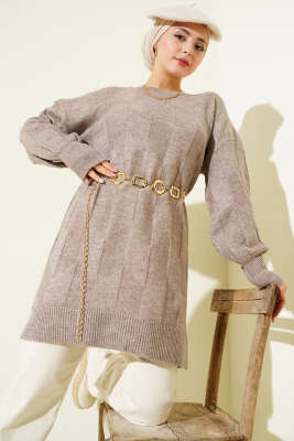 Pazarium - Bisiklet Yaka Yumoş Yan Yırtmaçlı Triko Tunik Vizon