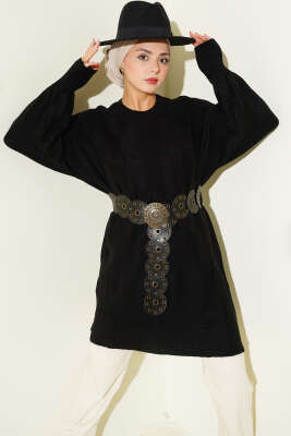 Pazarium - Bisiklet Yaka Yumoş Yan Yırtmaçlı Triko Tunik Siyah