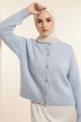 Taş Düğmeli Yumoş Triko Kısa Hırka Mavi - Thumbnail