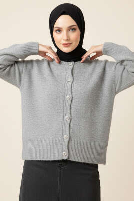 Pazarium - Taş Düğmeli Yumoş Triko Kısa Hırka Gri