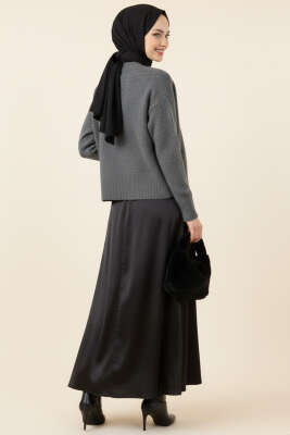 Taş Düğmeli Yumoş Triko Kısa Hırka Füme - Thumbnail