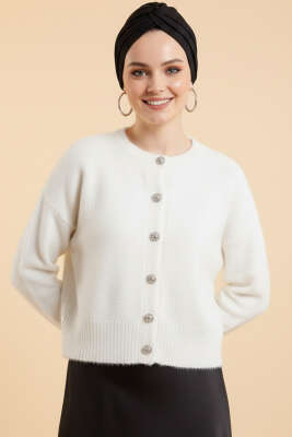 Taş Düğmeli Yumoş Triko Kısa Hırka Ekru - Thumbnail