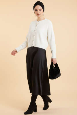 Taş Düğmeli Yumoş Triko Kısa Hırka Ekru - Thumbnail