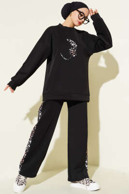 Pazarium - Leopar Figürlü Scuba İkili Takım Siyah