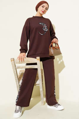 Pazarium - Leopar Figürlü Scuba İkili Takım Kahve