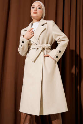 Pazarium - Kol Düğmeli Kuşaklı Kaşe Kaban Taş