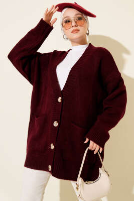 Pazarium - Çift Cepli Düğmeli Triko Hırka Bordo