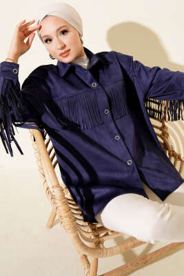 Pazarium - Püsküllü Düğmeli Süet Ceket Lacivert