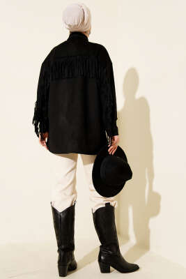 Püsküllü Düğmeli Süet Ceket Siyah - Thumbnail