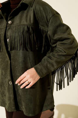 Püsküllü Düğmeli Süet Ceket Haki - Thumbnail