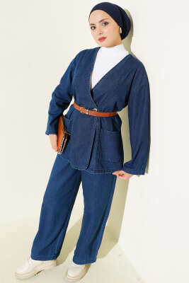 Kemerli Düğmeli Kot İkili Takım Kot - Thumbnail