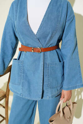 Kemerli Düğmeli Kot İkili Takım Kot Mavisi - Thumbnail