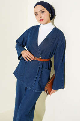 Kemerli Düğmeli Kot İkili Takım Kot - Thumbnail