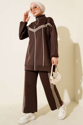 Pazarium - Biyeli Şeritli Scuba İkili Takım Kahve