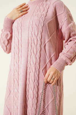 Örgü Desenli Triko Elbise Pudra - Thumbnail