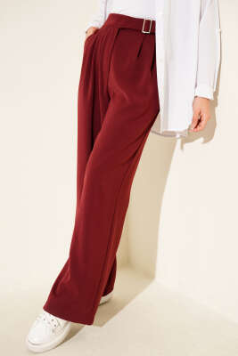 Pazarium - Bel Kemer Tokalı Palazzo Pantolon Bordo