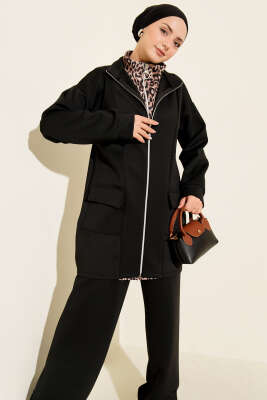 Leopar Garnili Fermuarlı Scuba İkili Takım Siyah Vizon - Thumbnail