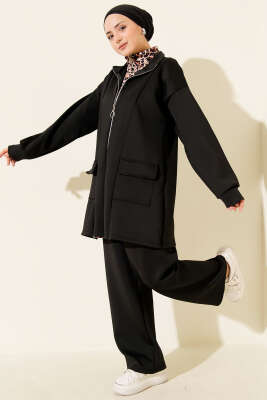 Pazarium - Leopar Garnili Fermuarlı Scuba İkili Takım Siyah Camel