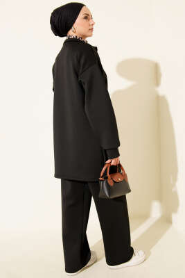 Leopar Garnili Fermuarlı Scuba İkili Takım Siyah Vizon - Thumbnail