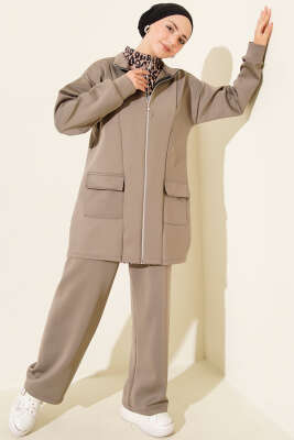 Pazarium - Leopar Garnili Fermuarlı Scuba İkili Takım Vizon