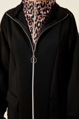 Leopar Garnili Fermuarlı Scuba İkili Takım Siyah Vizon - Thumbnail