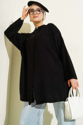 Pazarium - Çift Düğmeli Triko Panço Siyah