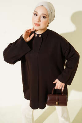 Çift Düğmeli Triko Panço Kahve - Thumbnail