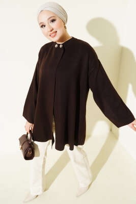 Çift Düğmeli Triko Panço Kahve - Thumbnail