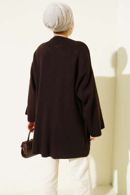Çift Düğmeli Triko Panço Kahve - Thumbnail